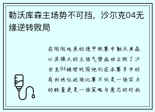 勒沃库森主场势不可挡，沙尔克04无缘逆转败局
