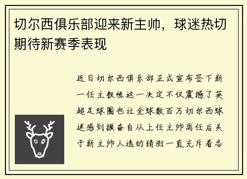 切尔西俱乐部迎来新主帅，球迷热切期待新赛季表现