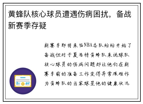 黄蜂队核心球员遭遇伤病困扰，备战新赛季存疑